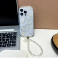Funda iPhone con mariposa láser, flores de perlas y correa de mano de cuentas claras - iPhone 7/8/SE 2020