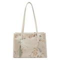 Beige zijden bucket bag met persimmon borduursel en een lichtgroene kwast hanger - Kaki