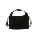 Borsa a mano alla moda in tela nera con ricamo di ciliegie rosse e tracolla rimovibile - Nero
