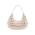 Sac sous le bras demi-lune en cuir beige avec rivets argentés sur fond blanc épuré - Blanc