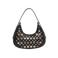 Sac hobo noir en cuir à rivets argentés avec bandoulière réglable sur fond blanc pur - Noir