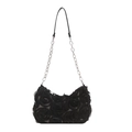 Minimalist black crescent shoulder bag featuring 3D rose lace and metal chain strap - Black