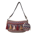 Bunte gewebte Halbmond-Handtasche im Boho-Stil mit Fransen und kleiner Münztasche - Schultertaschen-Set / Rot