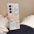 Pearlescent white Samsung Z Flip 6 case with aurora hearts and elegant pearls - Matte Hard Case - White Flash Pleated Heart / Samsung ZFlip3