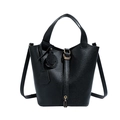 Minimalistische schwarze Leder-Eimertasche mit Tragegriff und Schultergurt - Schwarz