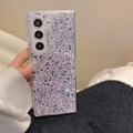 Close-up of glitter and silver sequins on transparent phone case for Samsung Z Flip - Purple