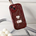 Close-up of wine red glitter iPhone case with heart rose and wavy edge detail - Cream Shell Star Glitter Smile Rose Wine Red / iPhone 7/8/SE 2020