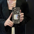 Custodia iPhone lusso nera con strass, specchio, numero 5 di perle e ciondoli fiori - Stile specchio quadrato nero / iPhone 7/8/SE 2020