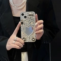 Custodia lusso iPhone 16 Pro Max con specchio cuore, strass, perle e fiori camelia - Stile specchio a cuore bianco / iPhone 7/8/SE 2020
