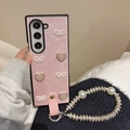 Custodia in pelle rosa con fiocco di perle, cuori e cinturino di lusso dettagli - Rosa / Samsung ZFlip3