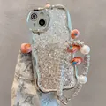 Glitter iPhone case with silver wave edges and a white pearl chain strap for women - Single Case + Card + Big Pearl Diamond Chain - Silver / iPhone 7/8/SE 2020