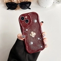 Detailed close-up of luxury flower glitter case with pearls for iPhone series - Four-leaf Pearl Flower - Wine Red / iPhone 7/8/SE 2020