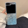 Detailed close-up of glitter sequins and dual-camera cutouts on Galaxy Z Flip series case - Blue