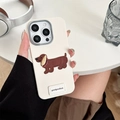 Detail of white iPhone case with embroidered dachshund and fabric label on a desk - Embroidery Dog (Case Only No Pendant) / iPhone 7/8/SE 2020 / Apricot