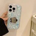 Detail of blue iPhone case featuring 3D butterflies, pearls, and a floral mirror element - Blue Glitter (Butterfly Mirror) / iPhone 7/8/SE 2020