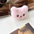 Detail of pink plush cartoon earphone case with cute embroidered animal face and side loop - Red-nose Bear Back Clip - Pink