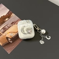 Detailed view of pearlescent AirPods Pro 2 case with moon, heart, and pearl charms - Starry Gem Moon Heart (With Pendant) / AirPods 1/2 Gen