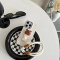 Close-up of beige leather iPhone case with bear charm and thick cotton neck strap - iPhone 7/8/SE 2020 / Brown Bear Style (tpu imitation leather-bear ring-card + short rope)