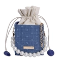 Denim mini bucket bag with large pearl handle and gold chain strap on white background - Blue