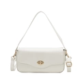 Minimalist beige baguette shoulder bag with wavy flap design and gold oval twist lock - White