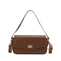 Dark brown faux leather crossbody bag with light gold oval twist lock and slim strap - Brown