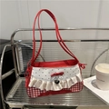 Red plaid baguette shoulder bag with heart pattern and white lace trim detail - Red