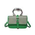Green leather handbag with herringbone flap and artistic silver metal handle for women - Green