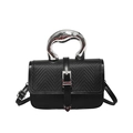 Black woven texture crossbody bag with unique silver metallic handle and shoulder strap - Black