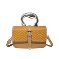 Brown leather and yellow woven small square bag with modern silver metal handle - Brown