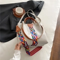 Beige leather bucket bag with brown handles and colorful embroidered wide shoulder strap - Blue