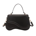 Minimalist black PU leather crossbody bag with wavy base and gold metal hardware - Black