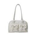 Borsa a spalla bianca in pelle PU stile balletto con fiocchi e doppie tasche frontali - Bianco