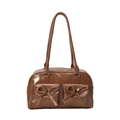 Borsa a spalla in pelle PU color caramello con fiocchi vintage e tasche frontali - Marrone