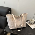 Minimalist cream tote bag featuring colorful wavy embroidery and leather handles - Pink
