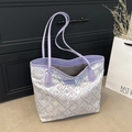 Lichtpaarse draagtas met wit geometrisch patroon en Creative Cat label voor dagelijks - Tote Bag Stijl (Zonder Hanger) / Donkerpaars (Zonder Hanger)