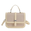 Elegante bolso bandolera de cuero beige y tejido con asa superior sobre fondo blanco - Amarillo