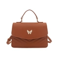 Brown leather crossbody bag with butterfly clasp and V-quilted stitching detail - Brown