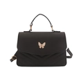 Quilted black PU leather crossbody bag with elegant gold butterfly hardware and top handle - Black