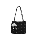 Pleated black tote bag with white bows and a cloud plush charm on a white background - With Cloud Pendant / Black
