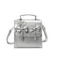 Silver mini square handbag with bow details, pearl charm and adjustable shoulder strap - Silver (With Pendant)