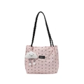 Pink pleated tote bag with black bow print, Creative Cat patch and cloud charm - With Cloud Pendant / Pink