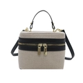 Borsa a scatola in tessuto intrecciato beige con finiture in pelle nera e doppia zip - Nero