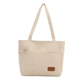 Minimalistische beige Canvas-Einkaufstasche mit Außentaschen und Leder-Patch - Weiß