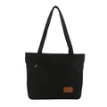 Minimalistische schwarze Canvas-Einkaufstasche mit Reißverschlussfach und Lederlogo - Schwarz