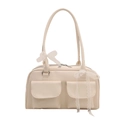 Sac à épaule chic blanc cassé avec doubles poches et nœuds en dentelle sur fond blanc - Blanc