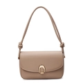 Minimalist beige leather square shoulder bag with gold horseshoe buckle and knotted strap - Khaki