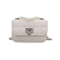 White quilted mini crossbody bag with pearl handle and silver chain strap - White