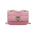 Pink quilted crossbody bag with pearl handle and silver chain strap for women - Light Pink