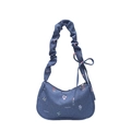 Sac sous le bras en denim bleu avec broderies florales et bandoulière à volants - Bleu foncé