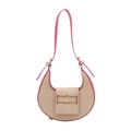 Borsa a mezzaluna rosa e beige in tessuto intrecciato con finiture in pelle e chiusura - rosa acceso
